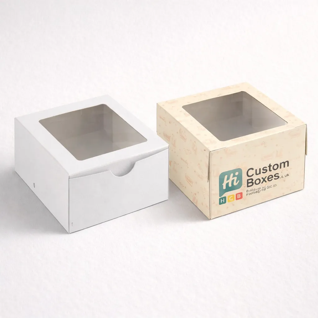 Rectangular white and branded cake boxes with large front windows and sturdy brown handles. class=